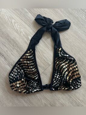 Black Sequin Halter Bikini Top - Women's Swimwear